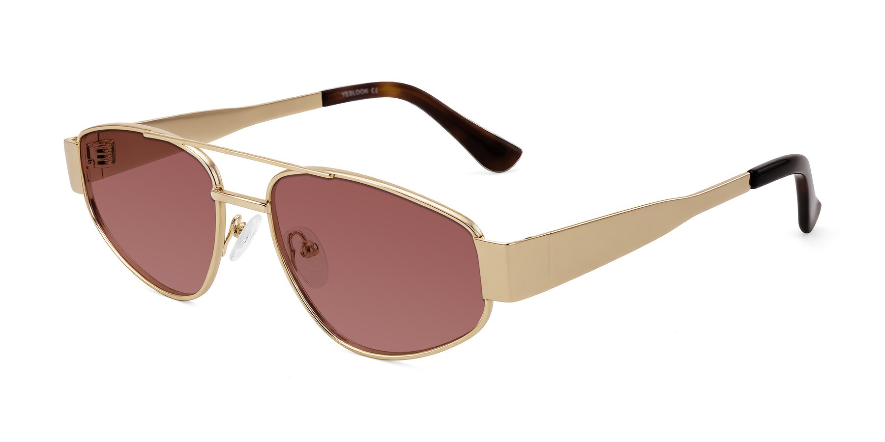 Angle of Runoz in Gold with Garnet Tinted Lenses