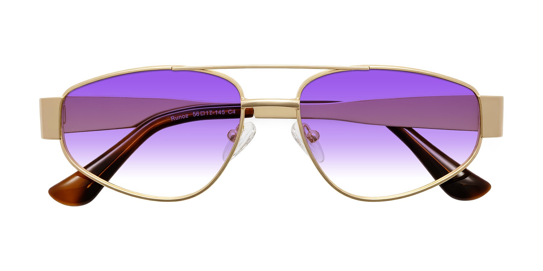Folded Front of Runoz in Gold with Purple Gradient Lenses