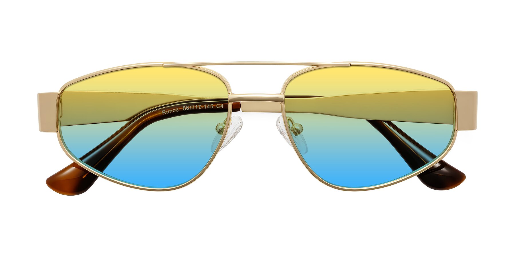 Folded Front of Runoz in Gold with Yellow / Blue Gradient Lenses