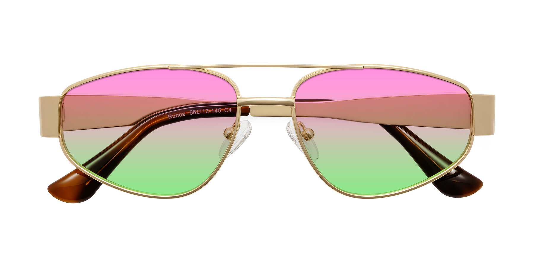 Folded Front of Runoz in Gold with Pink / Green Gradient Lenses