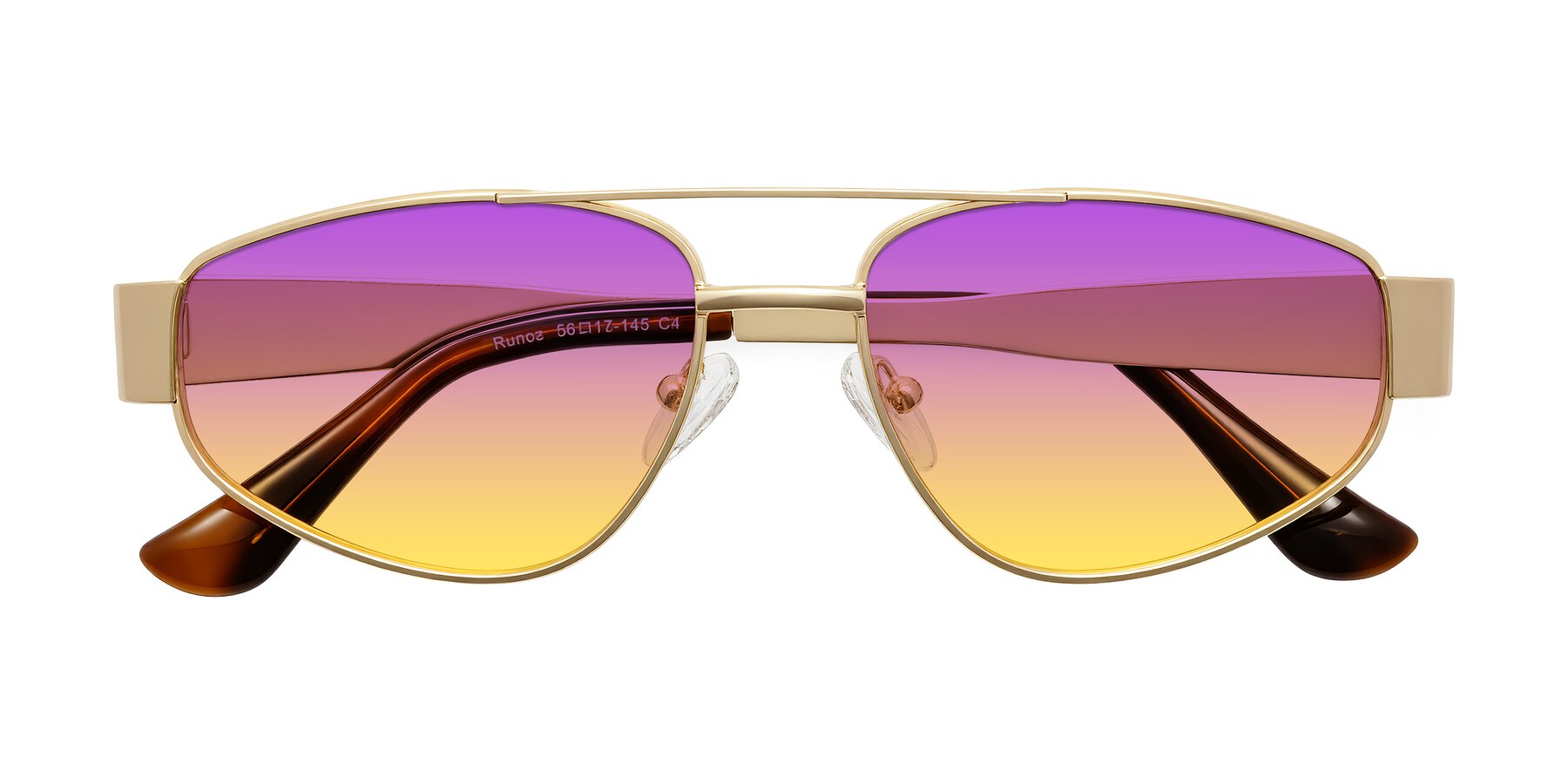 Folded Front of Runoz in Gold with Purple / Yellow Gradient Lenses