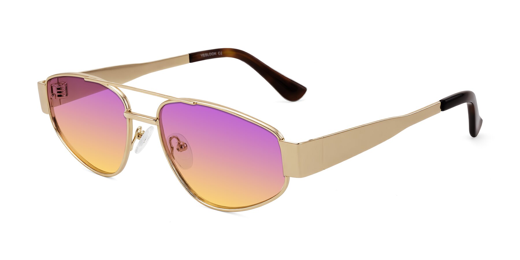 Angle of Runoz in Gold with Purple / Yellow Gradient Lenses