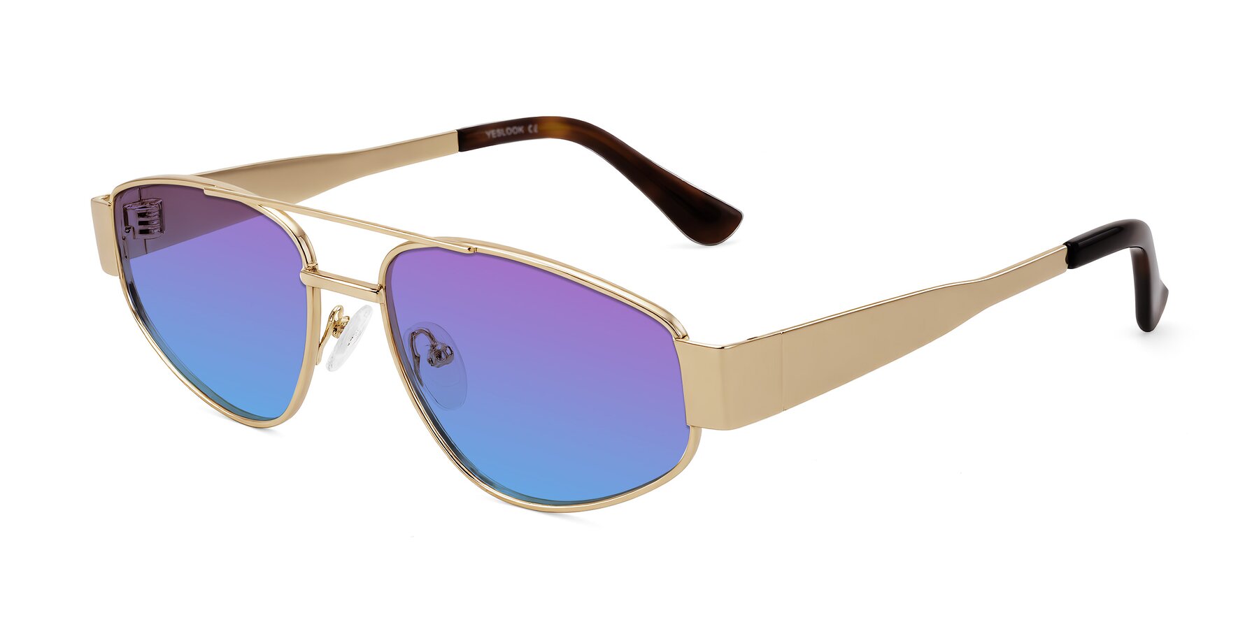 Angle of Runoz in Gold with Purple / Blue Gradient Lenses