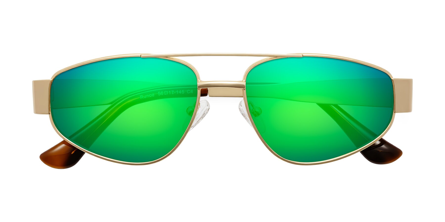 Folded Front of Runoz in Gold with Green Mirrored Lenses