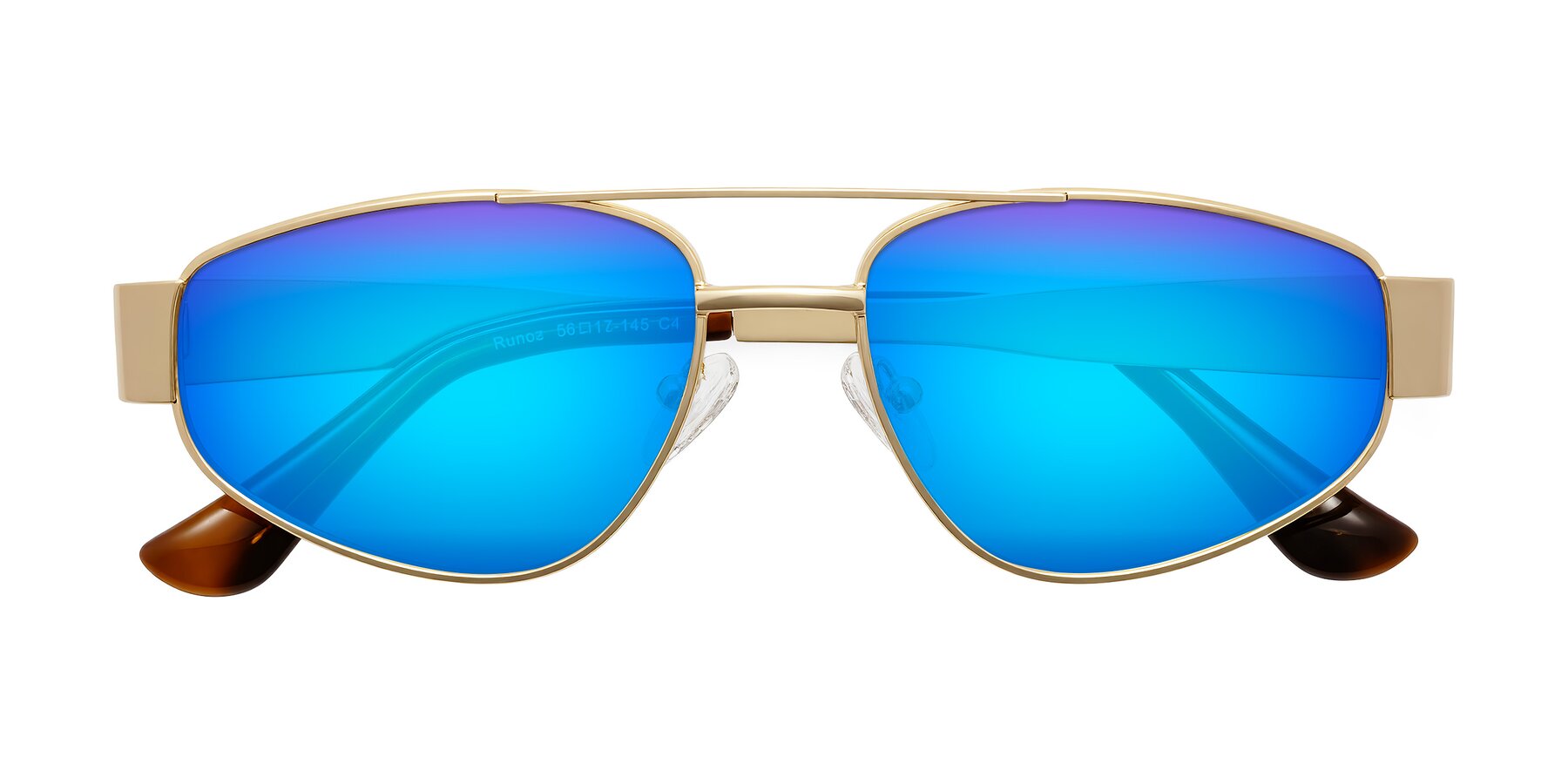 Folded Front of Runoz in Gold with Blue Mirrored Lenses