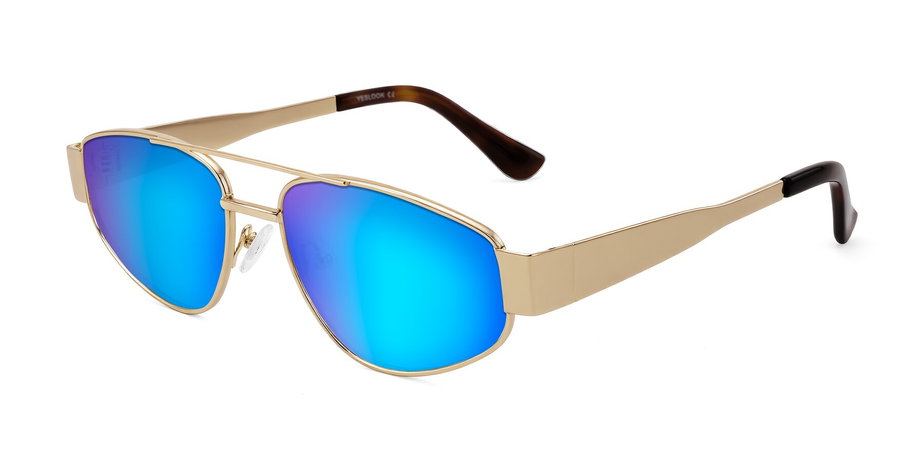 Angle of Runoz in Gold with Blue Mirrored Lenses