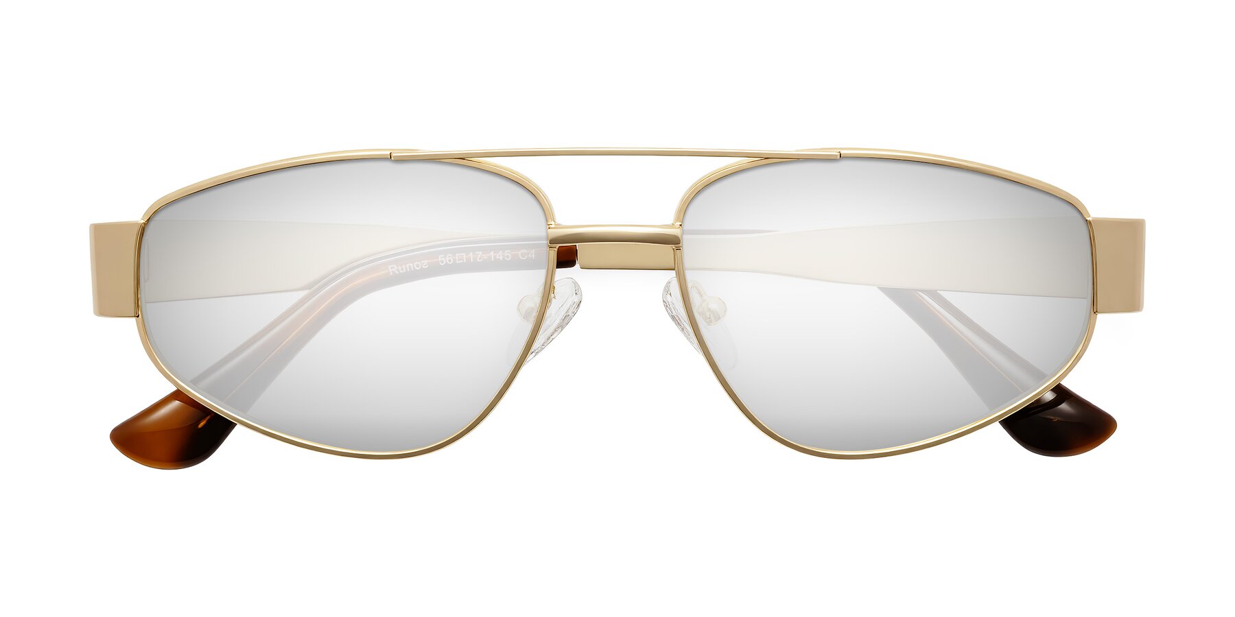 Folded Front of Runoz in Gold with Silver Mirrored Lenses