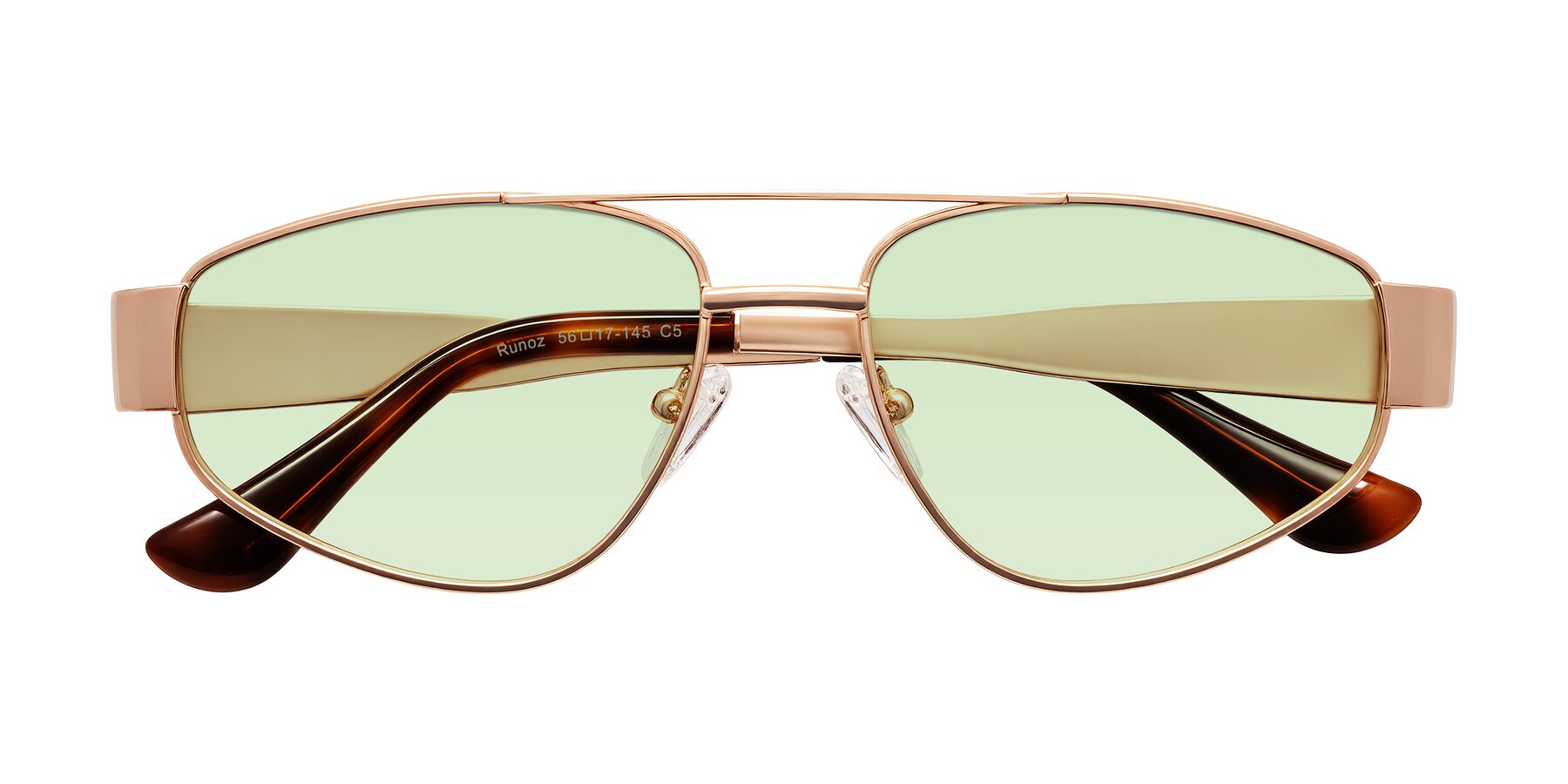 Folded Front of Runoz in Rose Gold with Light Green Tinted Lenses