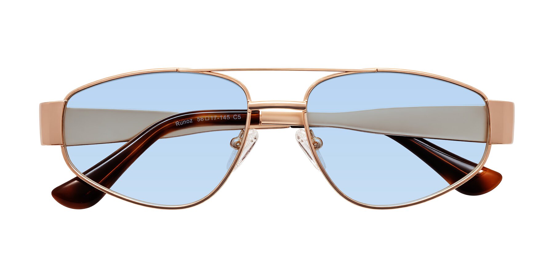 Folded Front of Runoz in Rose Gold with Light Blue Tinted Lenses