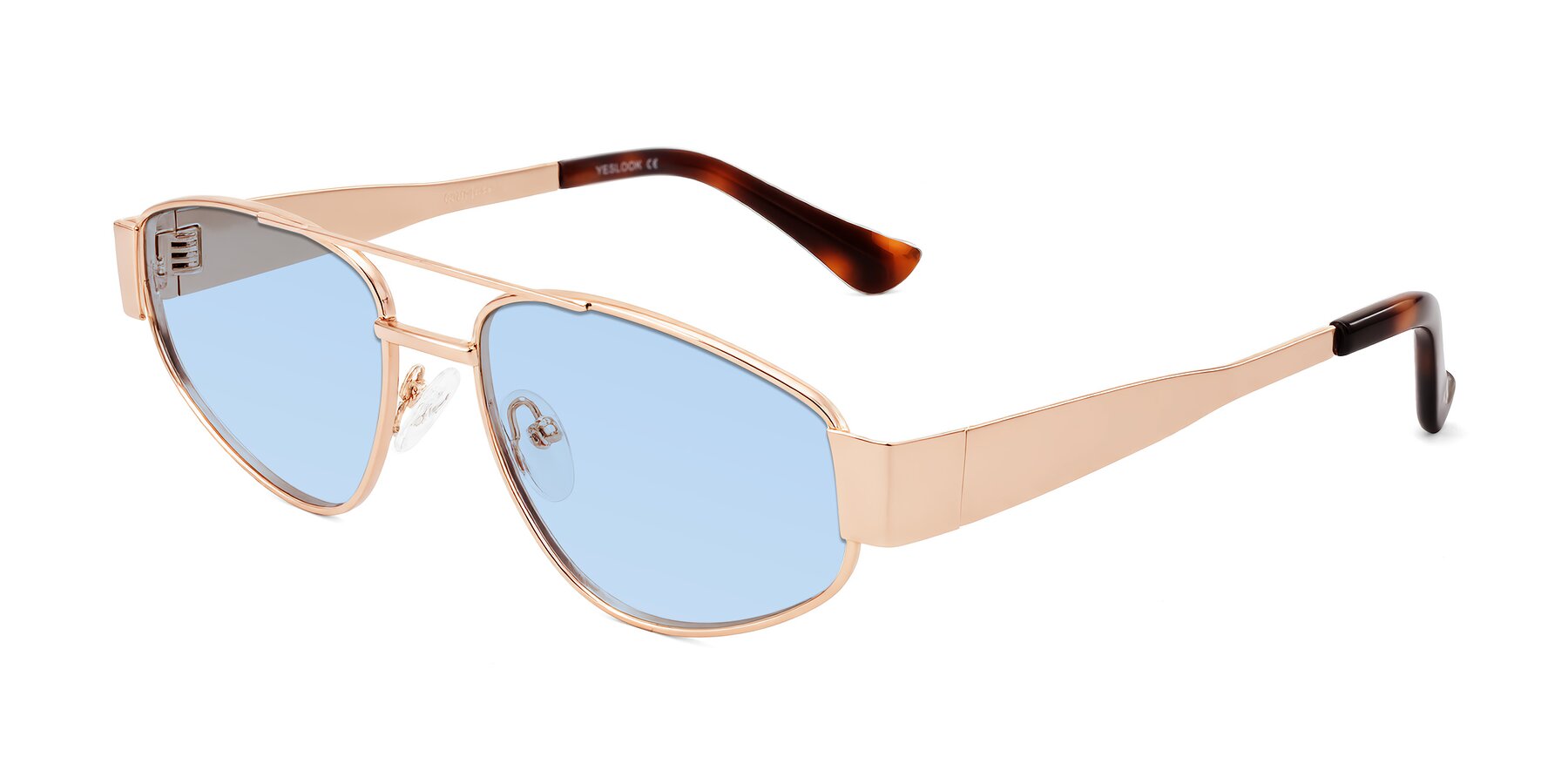 Angle of Runoz in Rose Gold with Light Blue Tinted Lenses