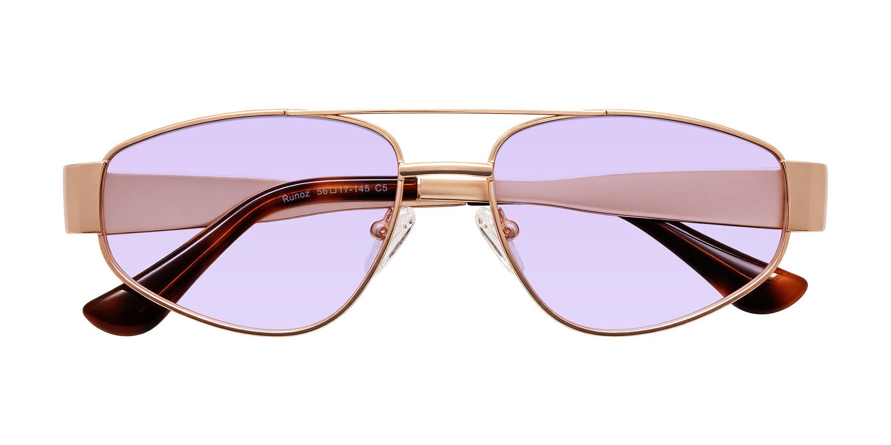 Folded Front of Runoz in Rose Gold with Light Purple Tinted Lenses