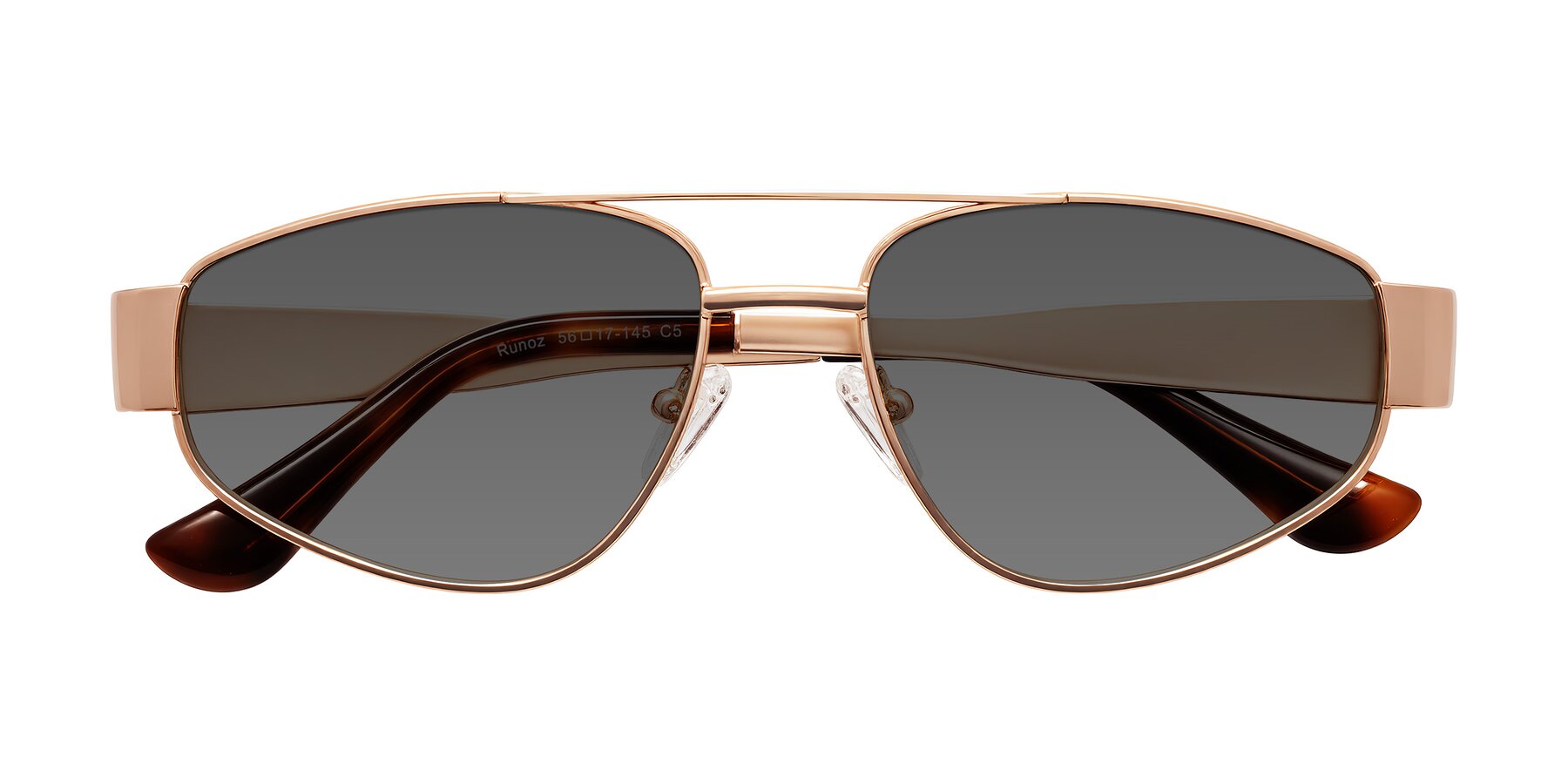 Folded Front of Runoz in Rose Gold with Medium Gray Tinted Lenses