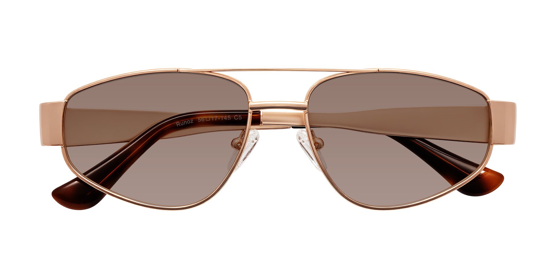 Folded Front of Runoz in Rose Gold with Medium Brown Tinted Lenses