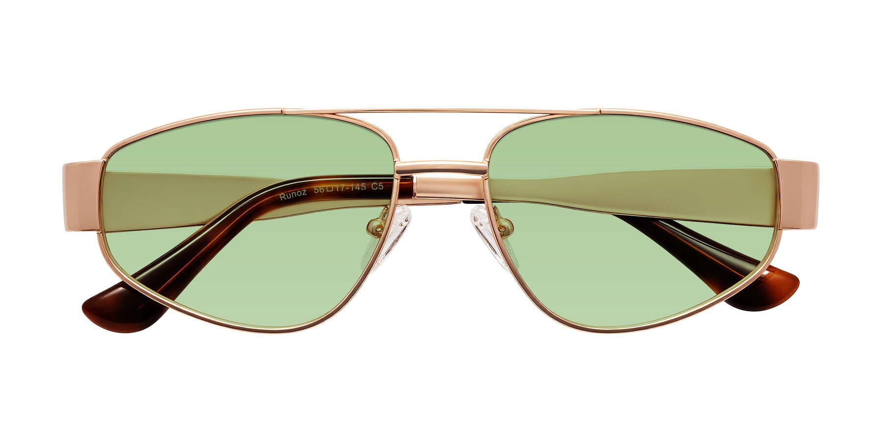 Folded Front of Runoz in Rose Gold with Medium Green Tinted Lenses
