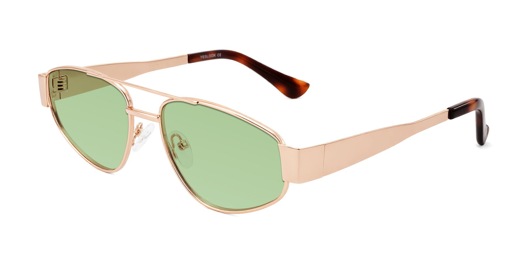 Angle of Runoz in Rose Gold with Medium Green Tinted Lenses
