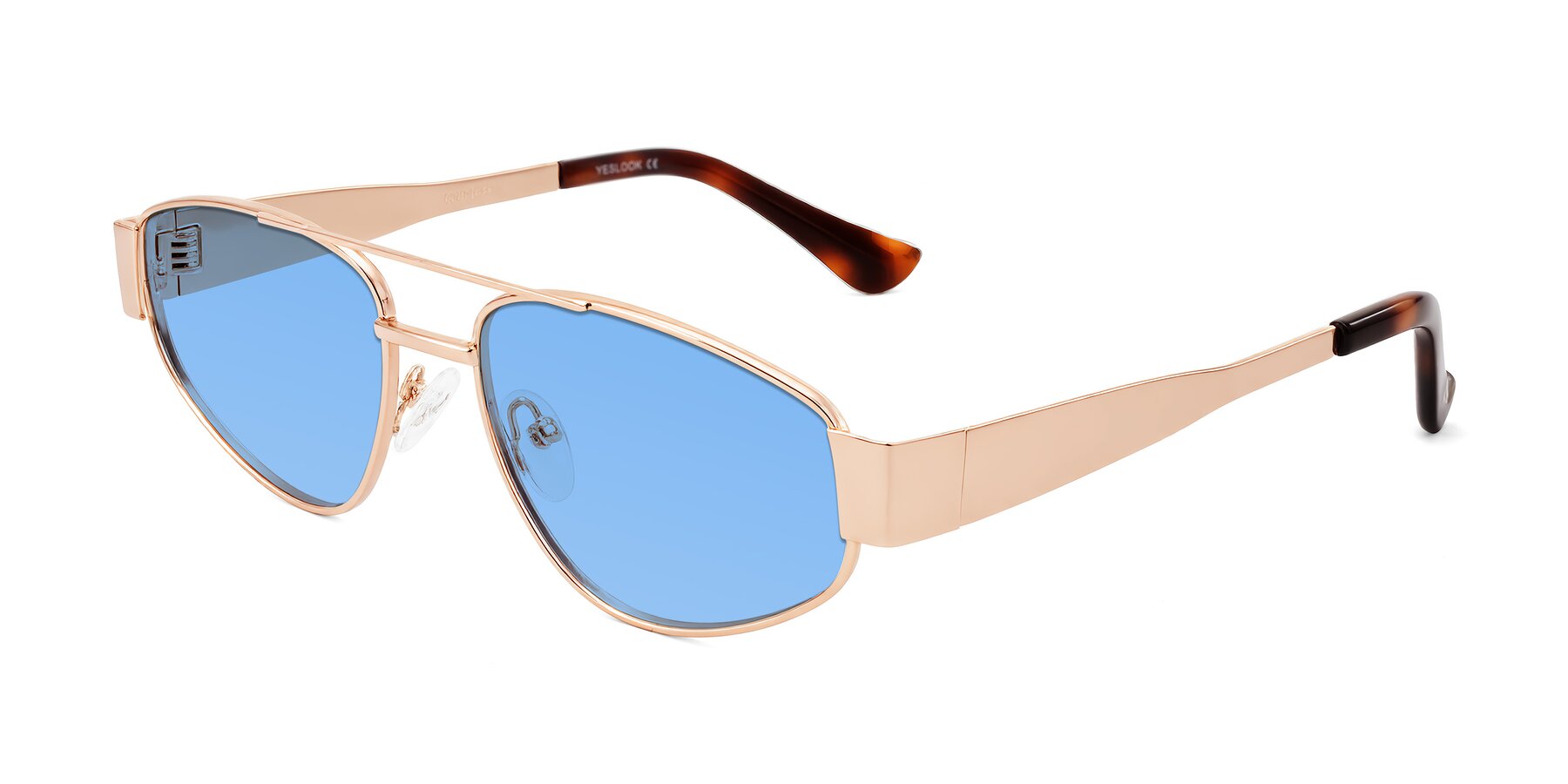 Angle of Runoz in Rose Gold with Medium Blue Tinted Lenses