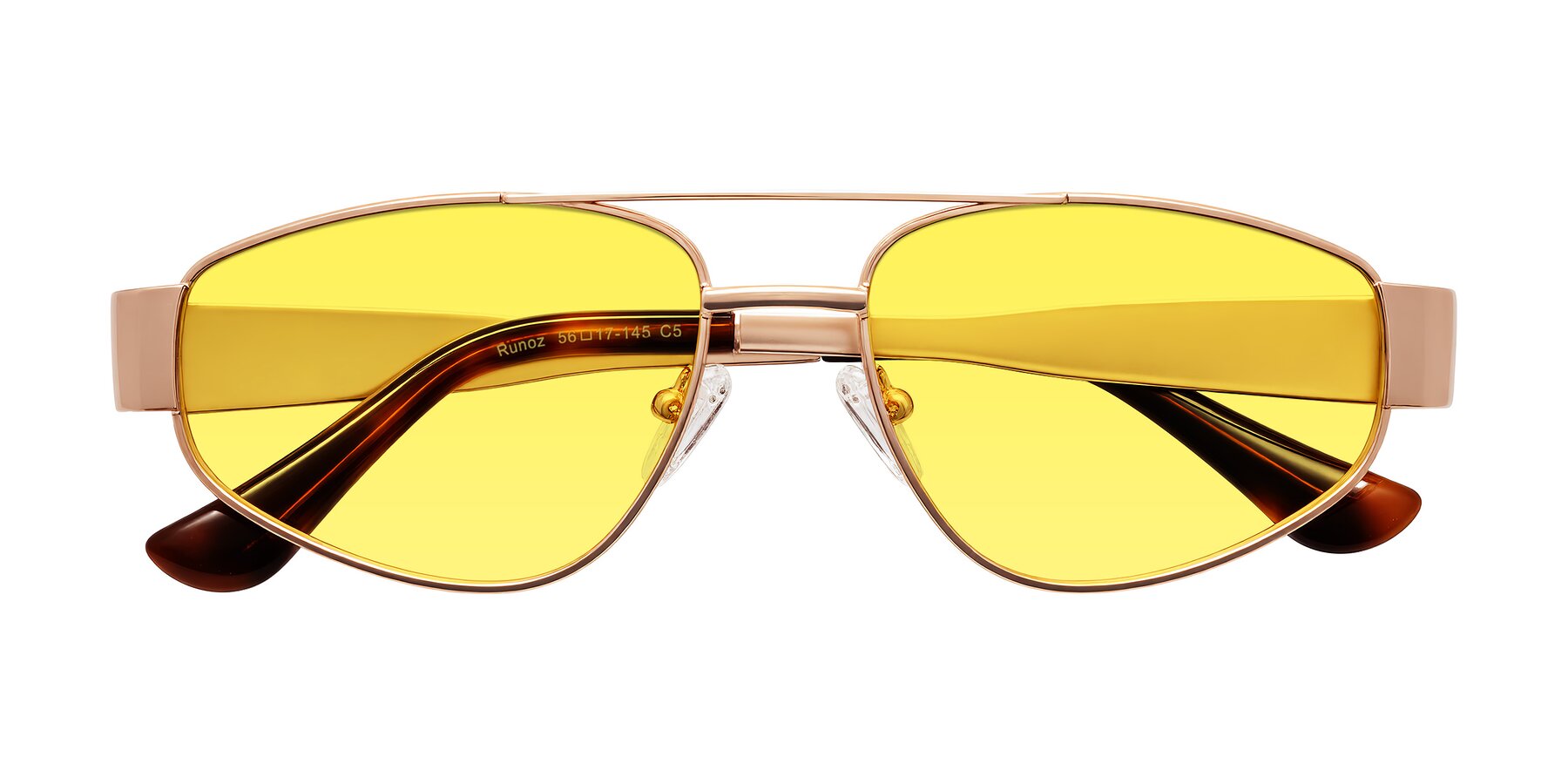 Folded Front of Runoz in Rose Gold with Medium Yellow Tinted Lenses