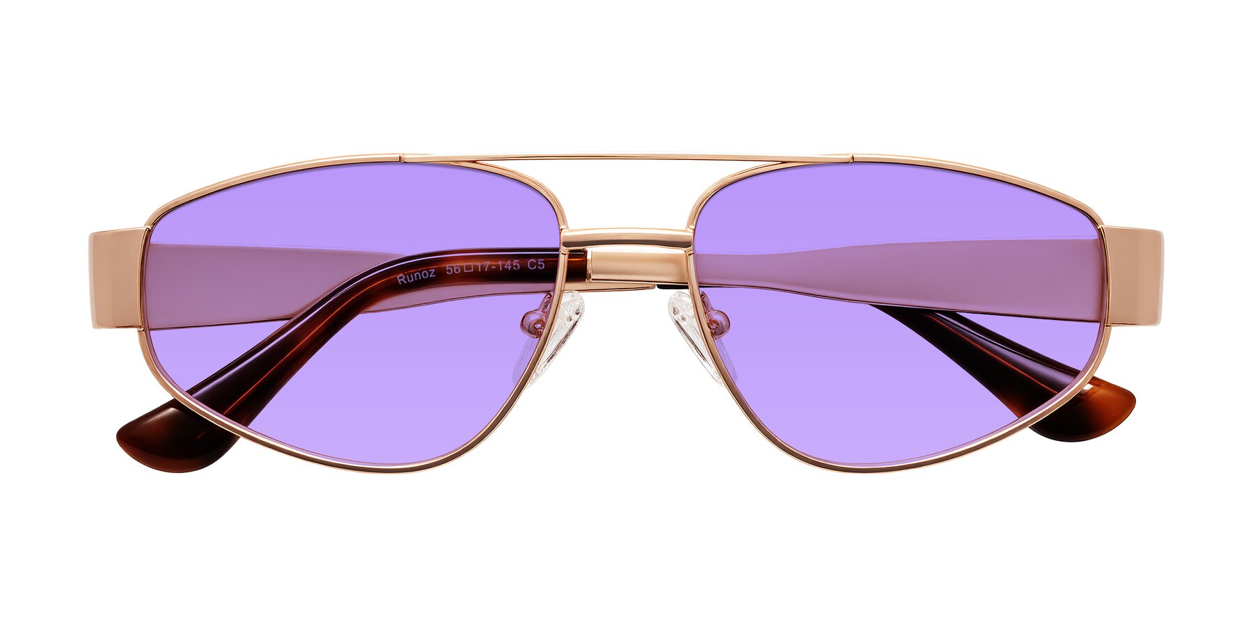 Folded Front of Runoz in Rose Gold with Medium Purple Tinted Lenses