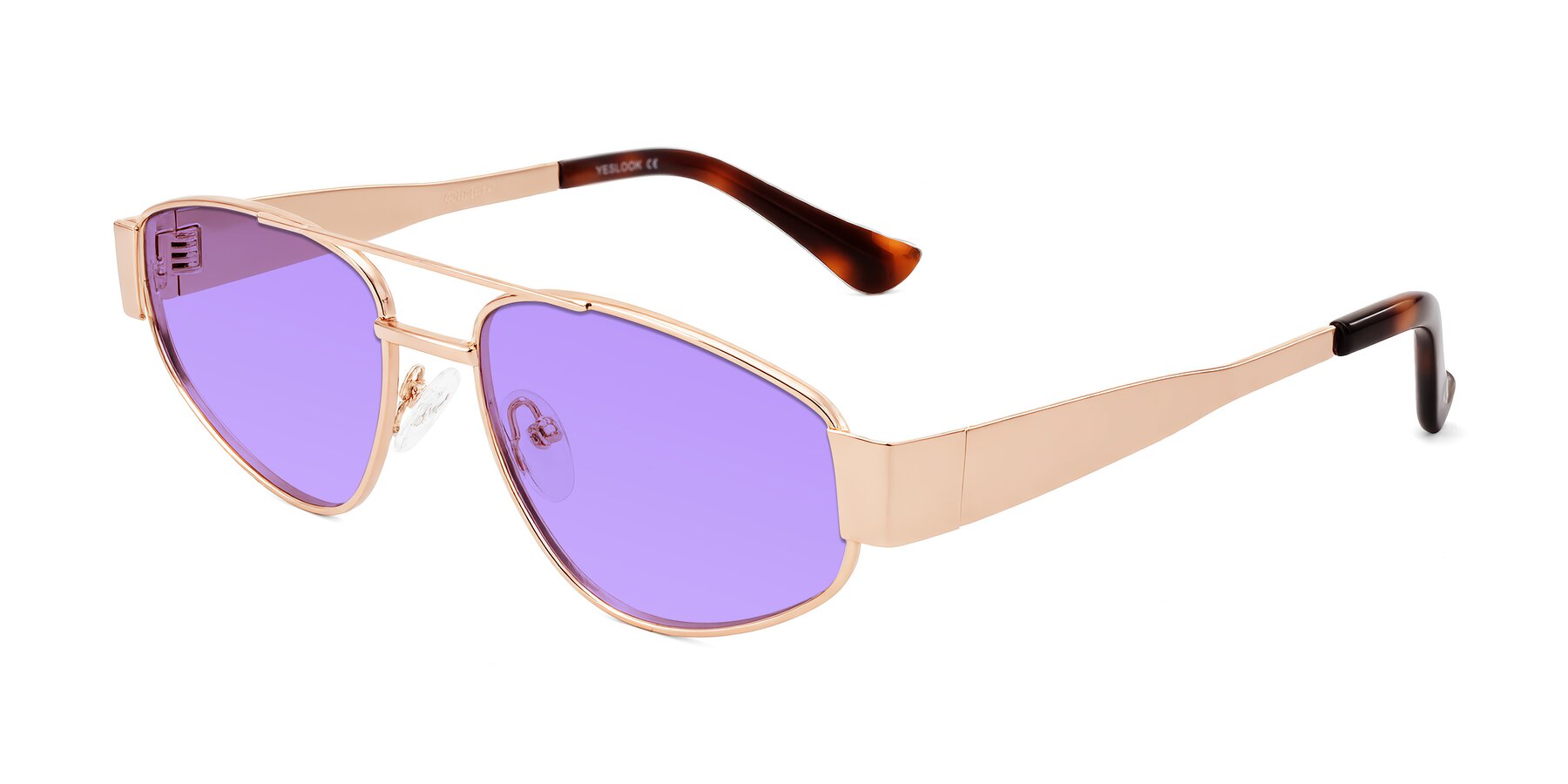 Angle of Runoz in Rose Gold with Medium Purple Tinted Lenses