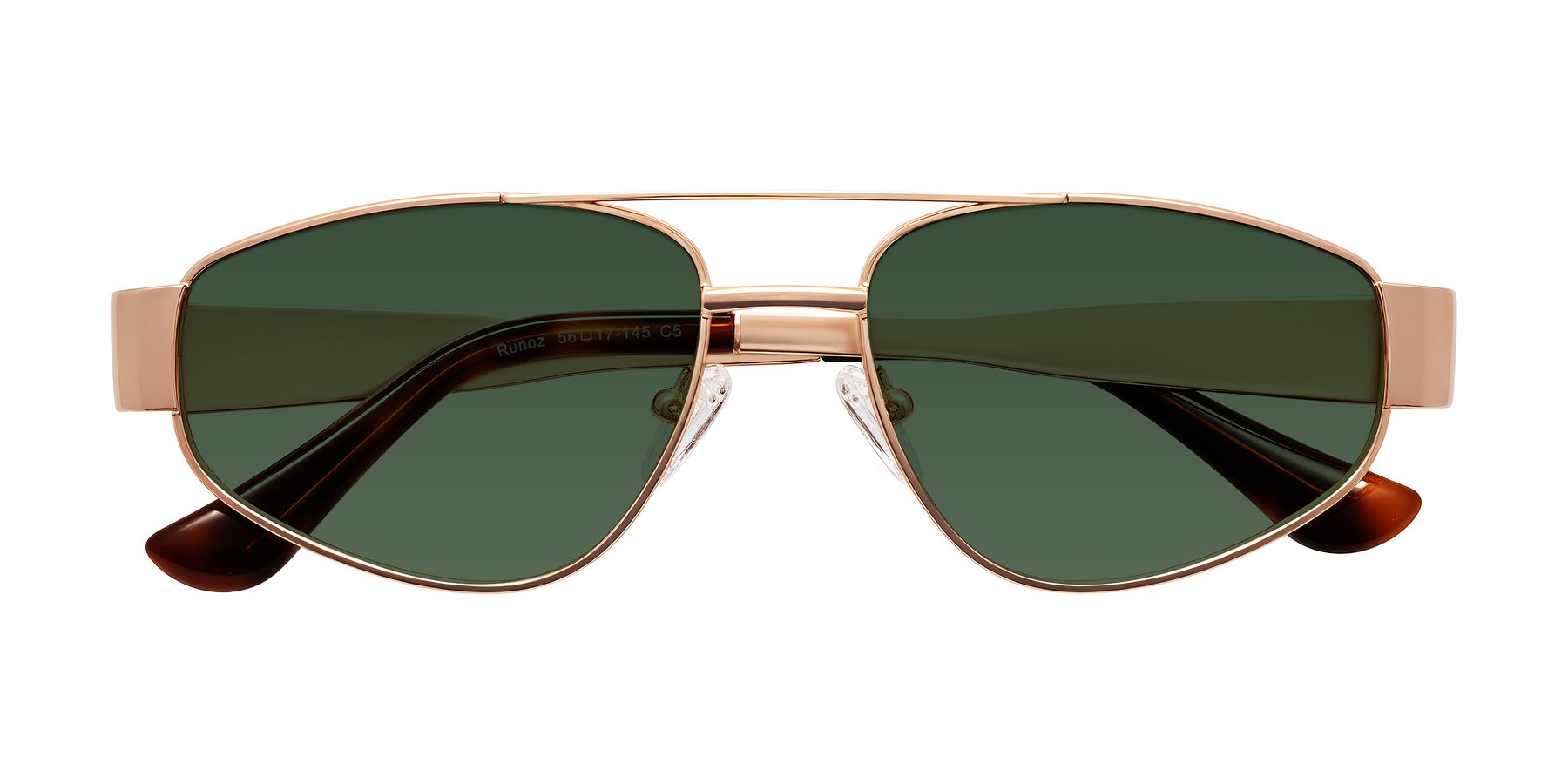 Folded Front of Runoz in Rose Gold with Green Tinted Lenses