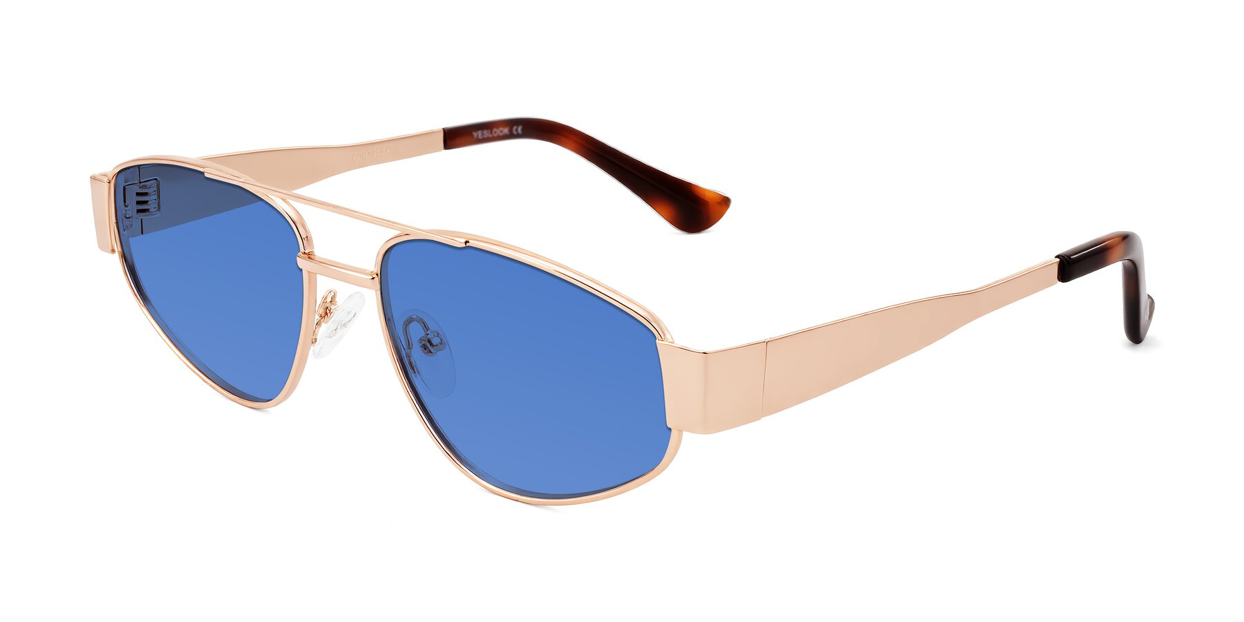 Angle of Runoz in Rose Gold with Blue Tinted Lenses