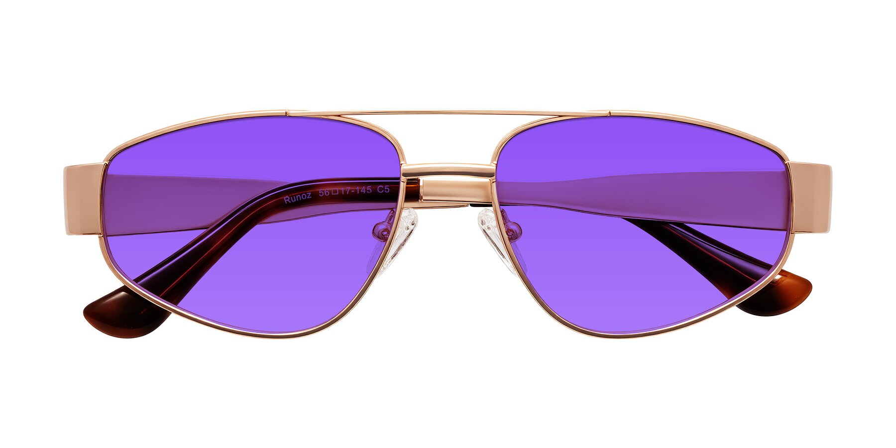 Folded Front of Runoz in Rose Gold with Purple Tinted Lenses