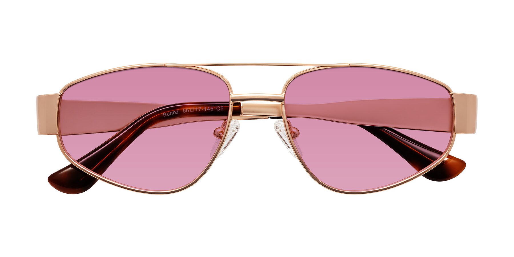 Folded Front of Runoz in Rose Gold with Medium Wine Tinted Lenses