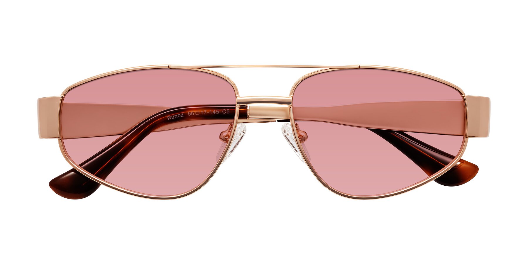 Folded Front of Runoz in Rose Gold with Medium Garnet Tinted Lenses