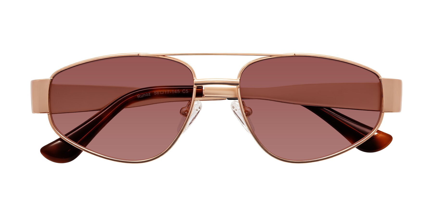 Folded Front of Runoz in Rose Gold with Garnet Tinted Lenses