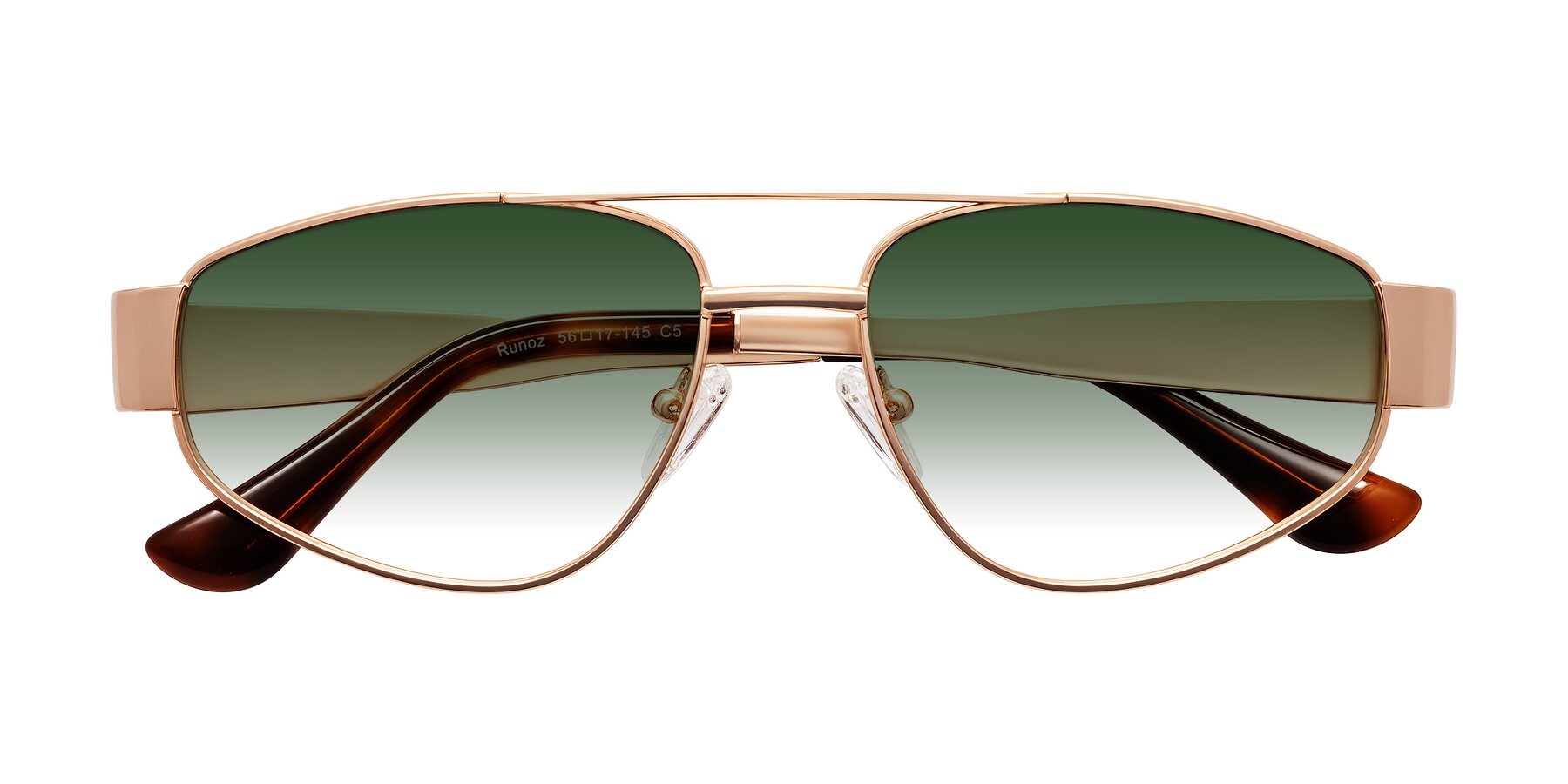Folded Front of Runoz in Rose Gold with Green Gradient Lenses