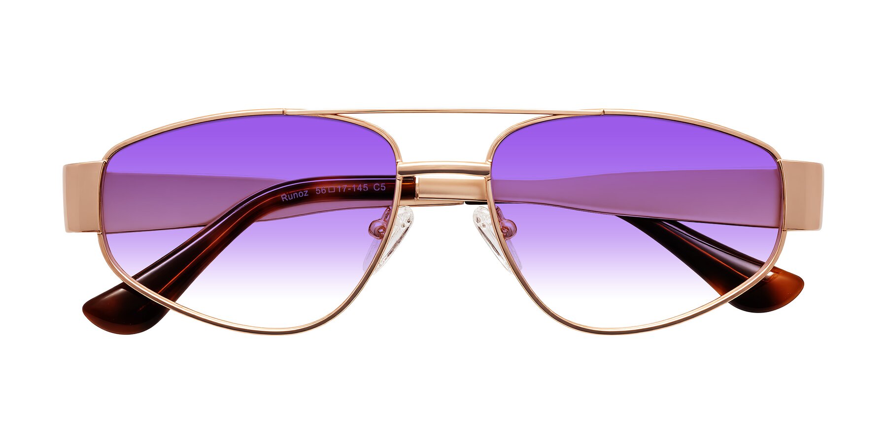 Folded Front of Runoz in Rose Gold with Purple Gradient Lenses