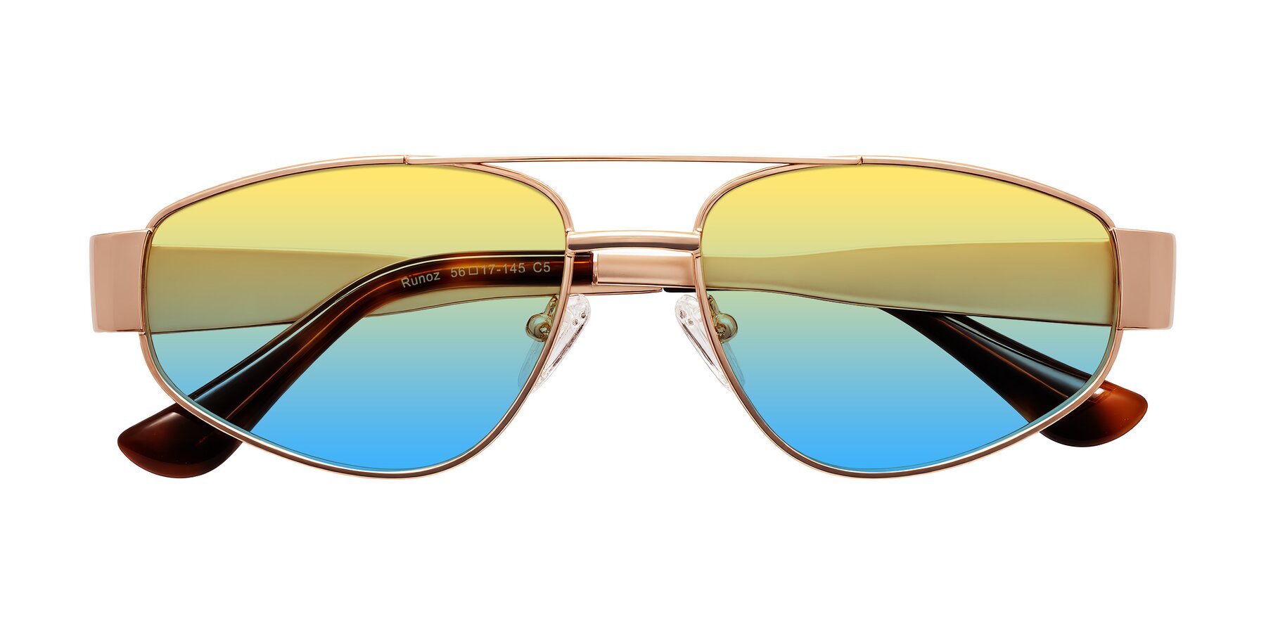 Folded Front of Runoz in Rose Gold with Yellow / Blue Gradient Lenses