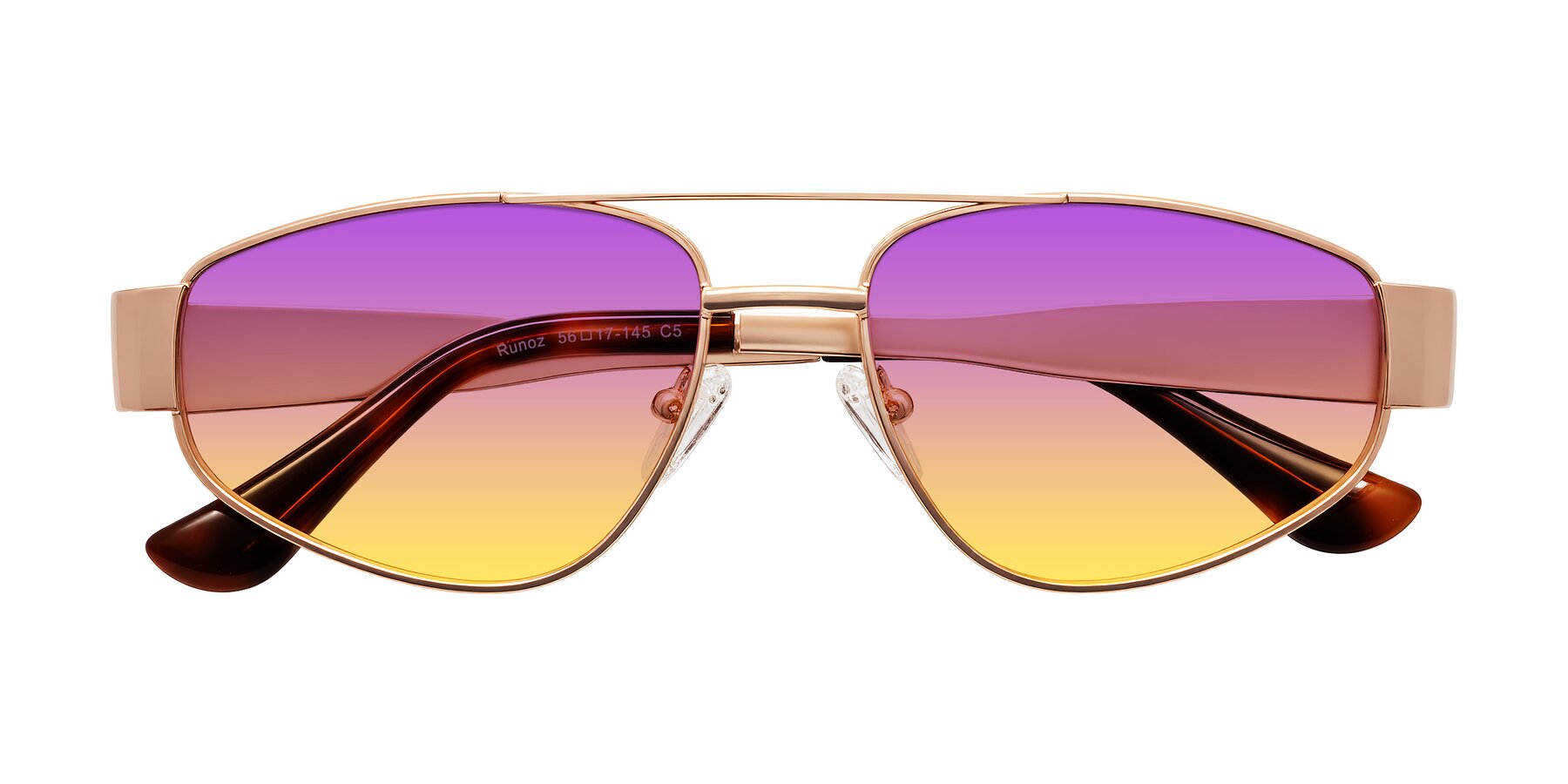 Folded Front of Runoz in Rose Gold with Purple / Yellow Gradient Lenses