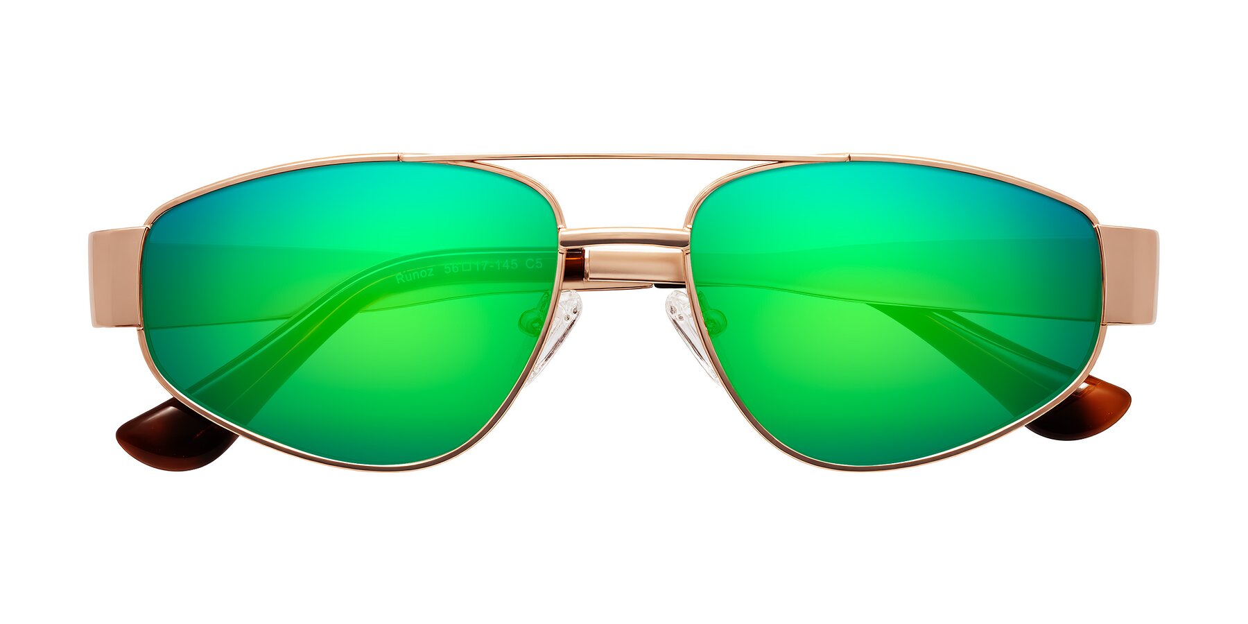 Folded Front of Runoz in Rose Gold with Green Mirrored Lenses