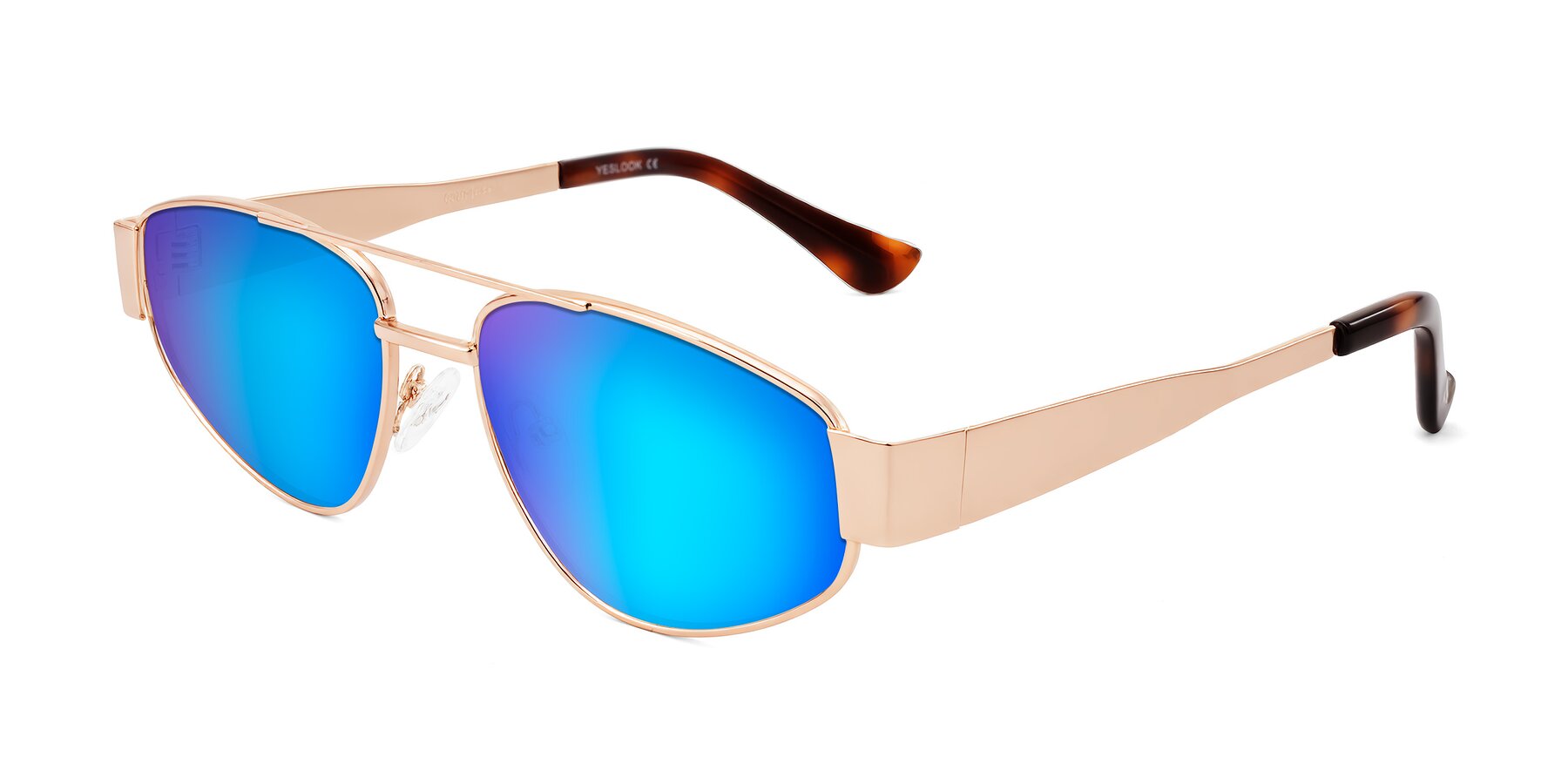 Angle of Runoz in Rose Gold with Blue Mirrored Lenses