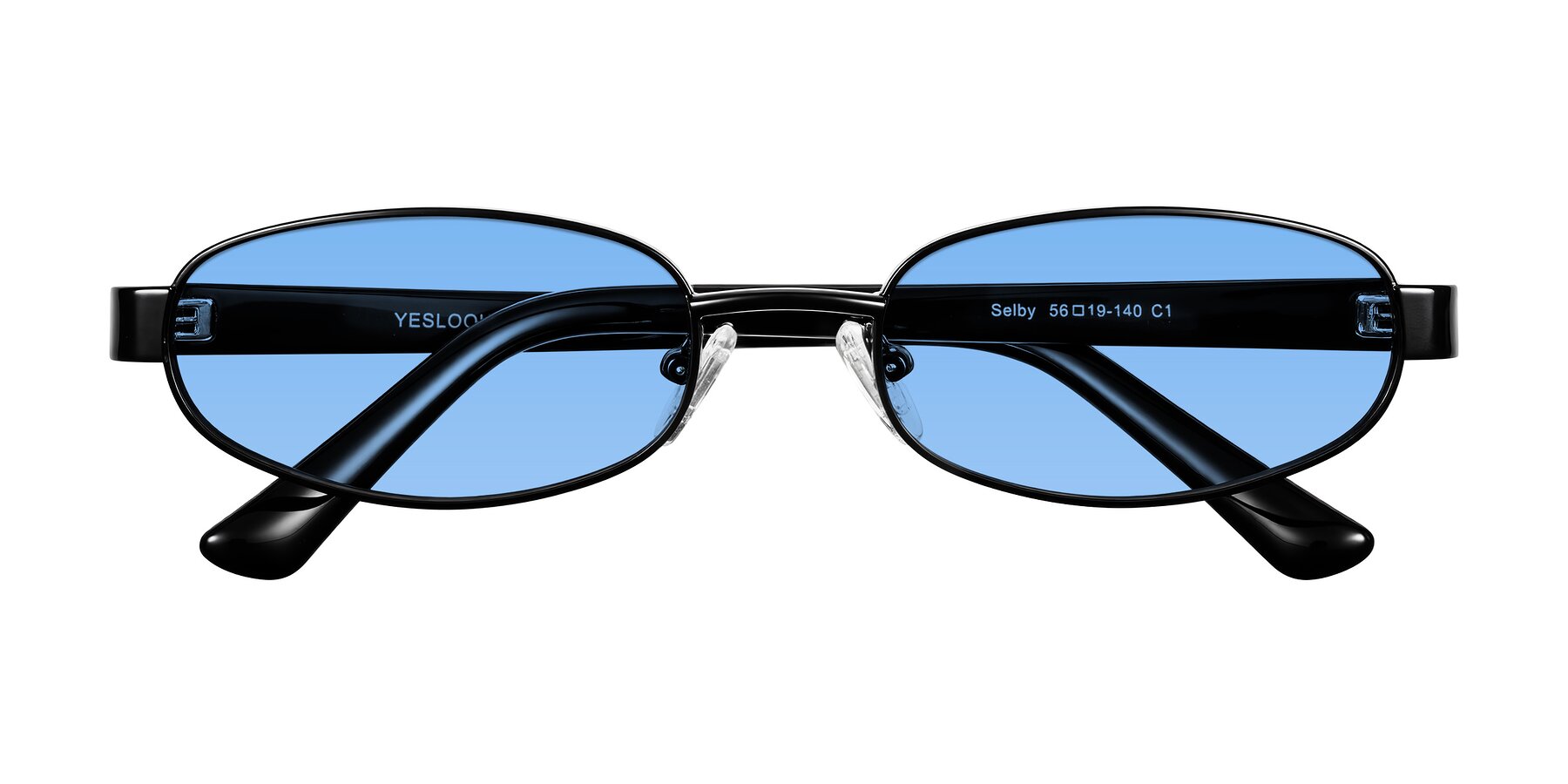 Folded Front of Selby in Black with Medium Blue Tinted Lenses