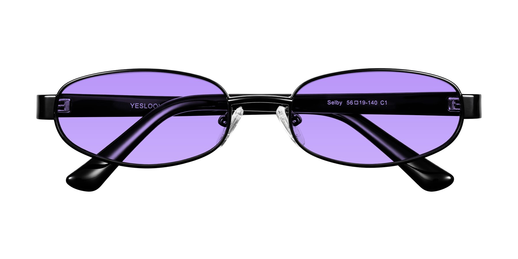 Folded Front of Selby in Black with Medium Purple Tinted Lenses