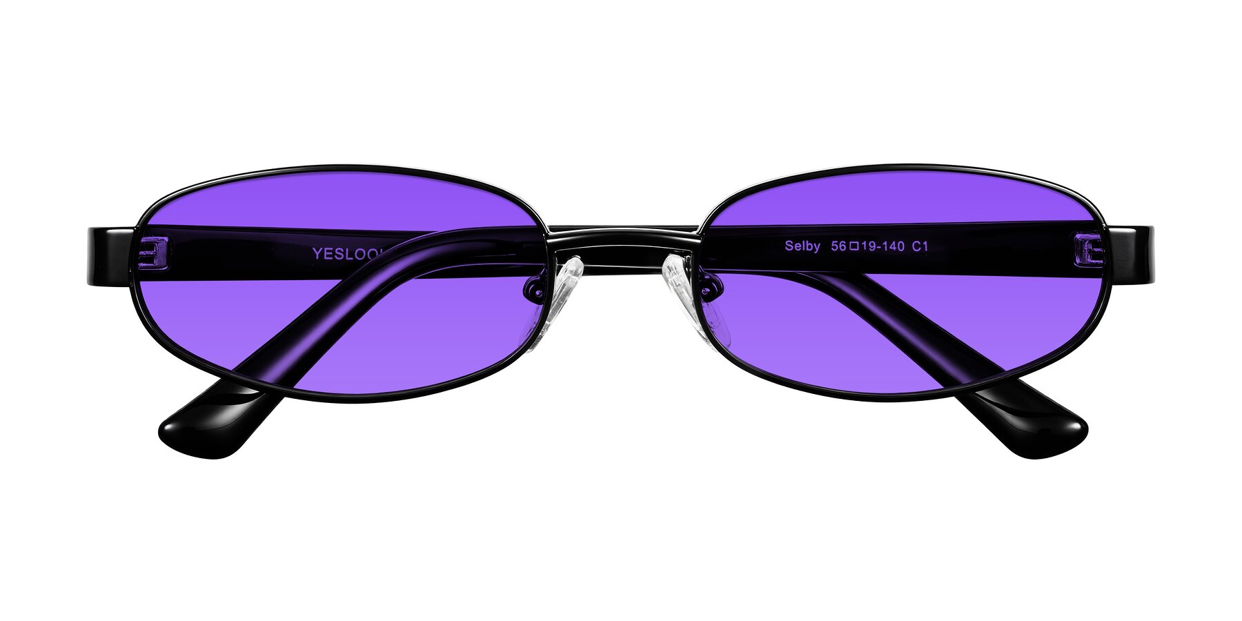 Folded Front of Selby in Black with Purple Tinted Lenses