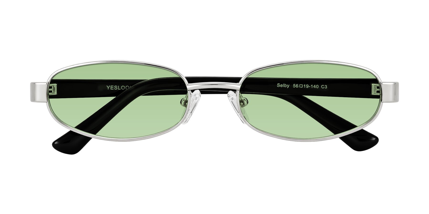 Folded Front of Selby in Silver with Medium Green Tinted Lenses