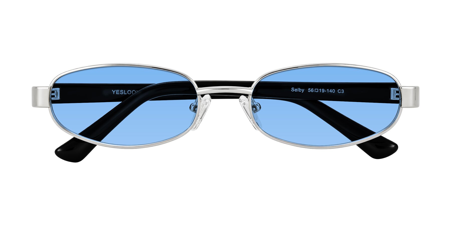 Folded Front of Selby in Silver with Medium Blue Tinted Lenses
