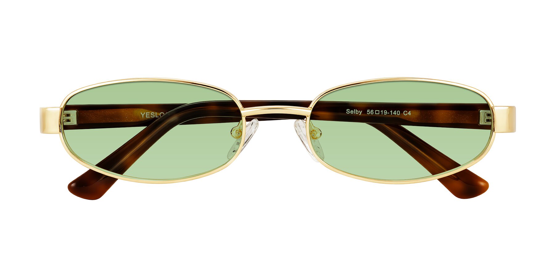 Folded Front of Selby in Gold with Medium Green Tinted Lenses