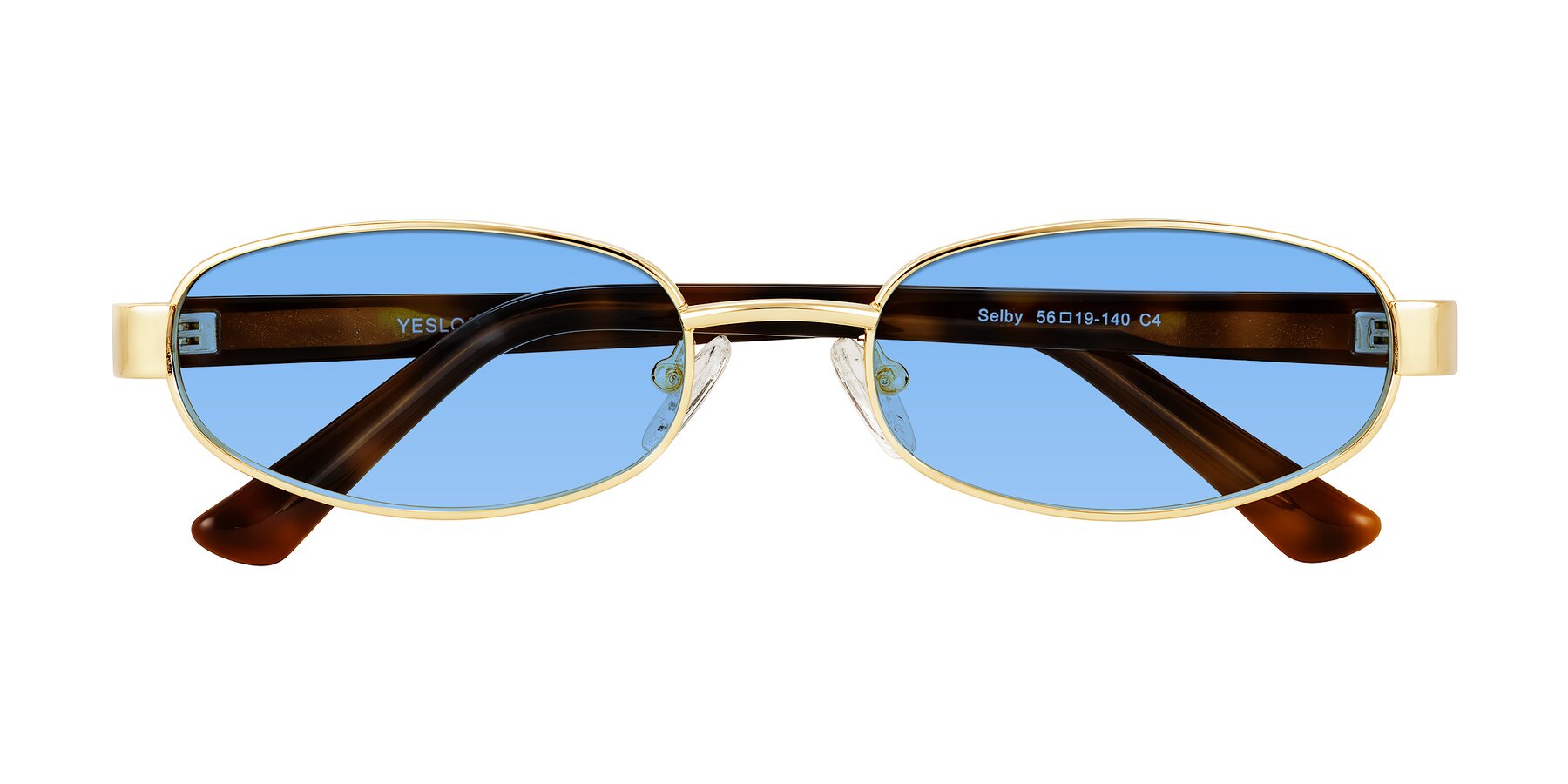 Folded Front of Selby in Gold with Medium Blue Tinted Lenses