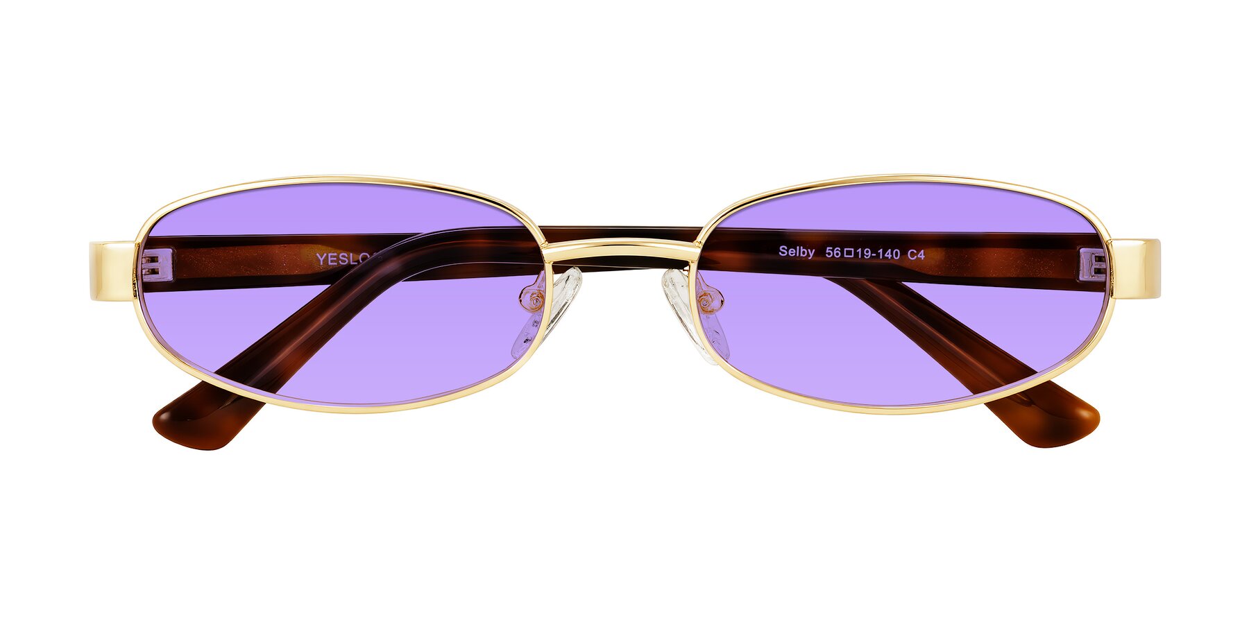 Folded Front of Selby in Gold with Medium Purple Tinted Lenses