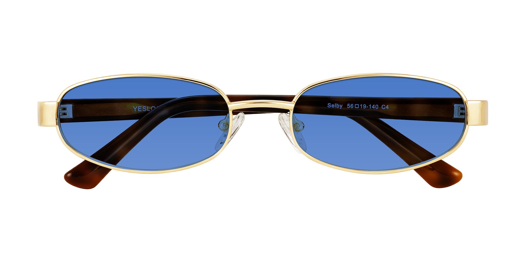 Folded Front of Selby in Gold with Blue Tinted Lenses