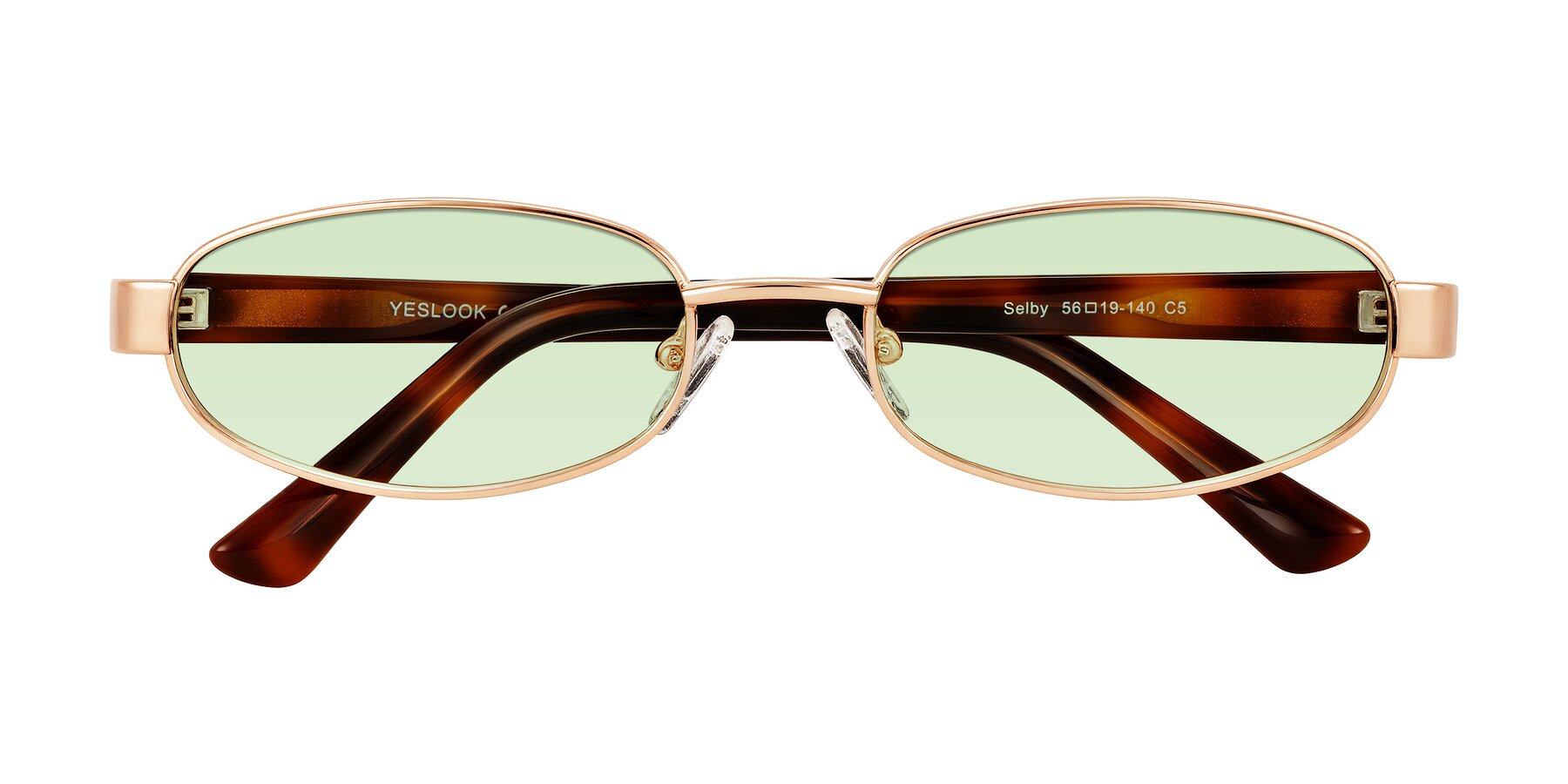 Folded Front of Selby in Rose Gold with Light Green Tinted Lenses