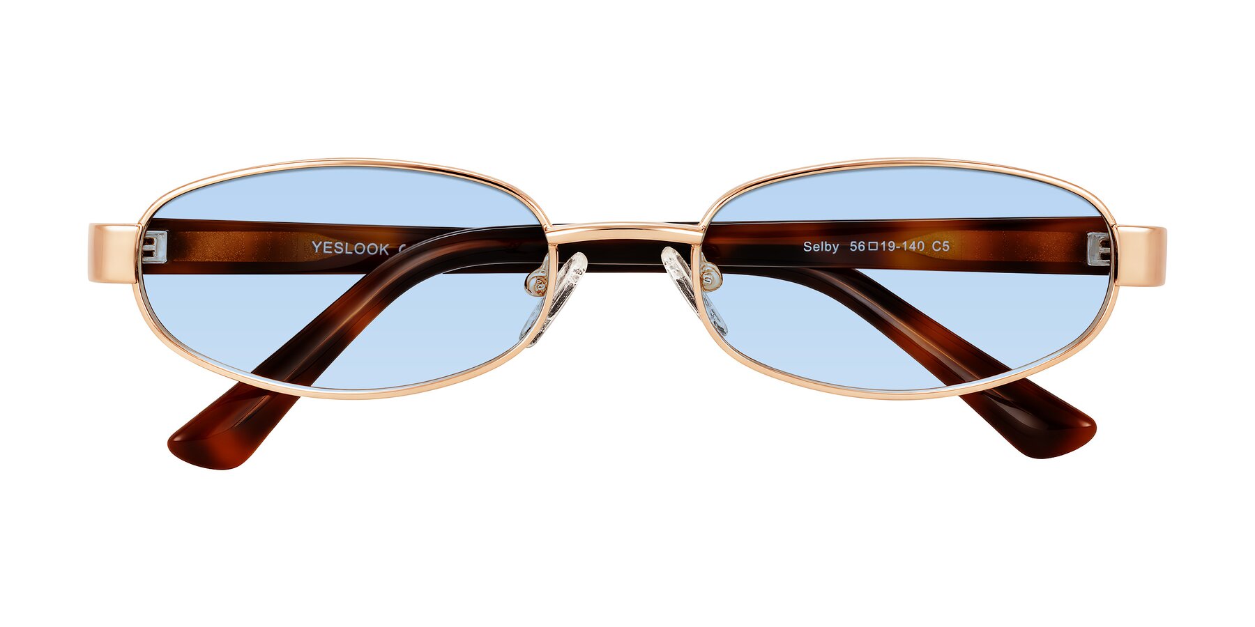 Folded Front of Selby in Rose Gold with Light Blue Tinted Lenses