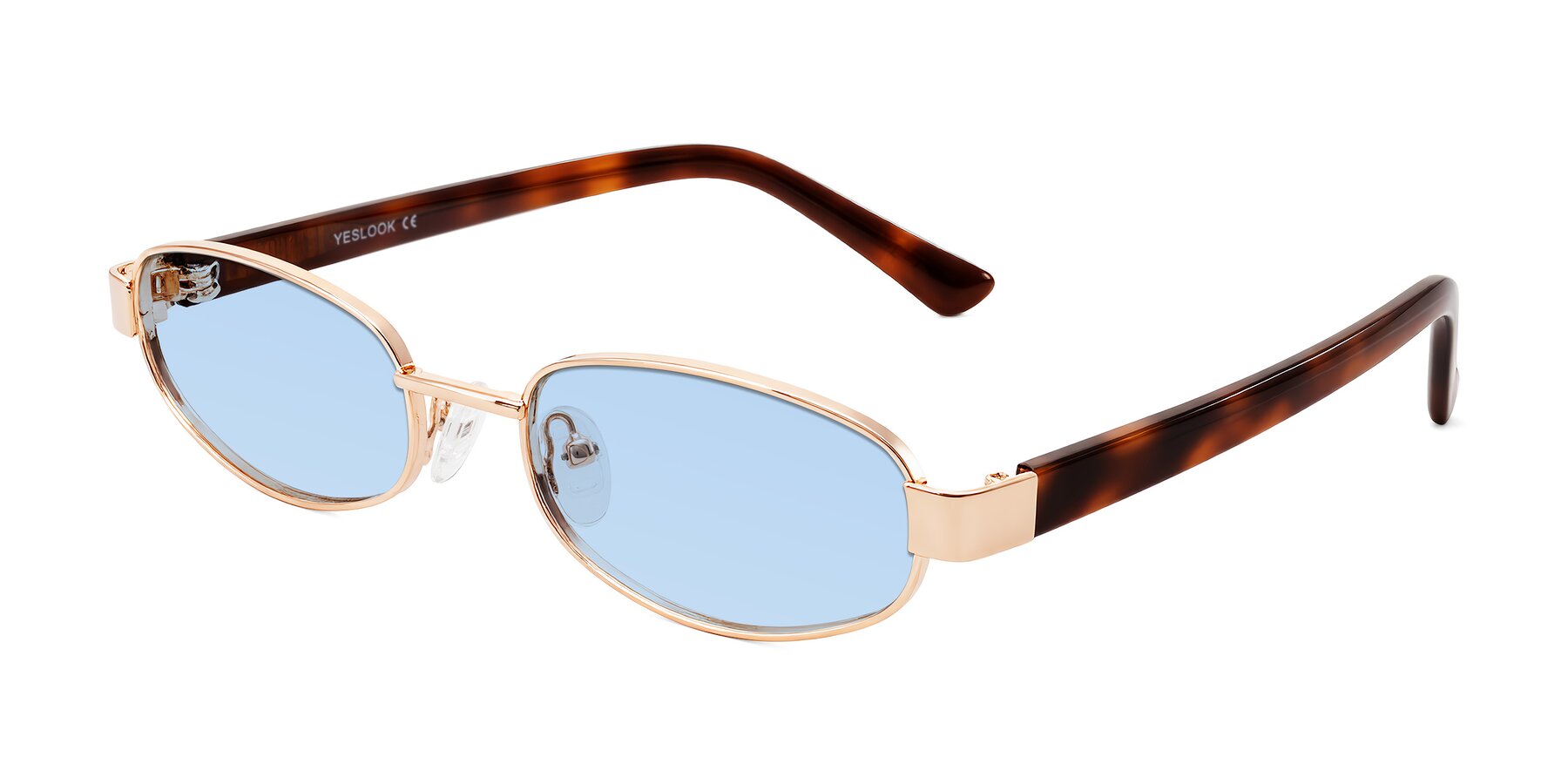 Angle of Selby in Rose Gold with Light Blue Tinted Lenses