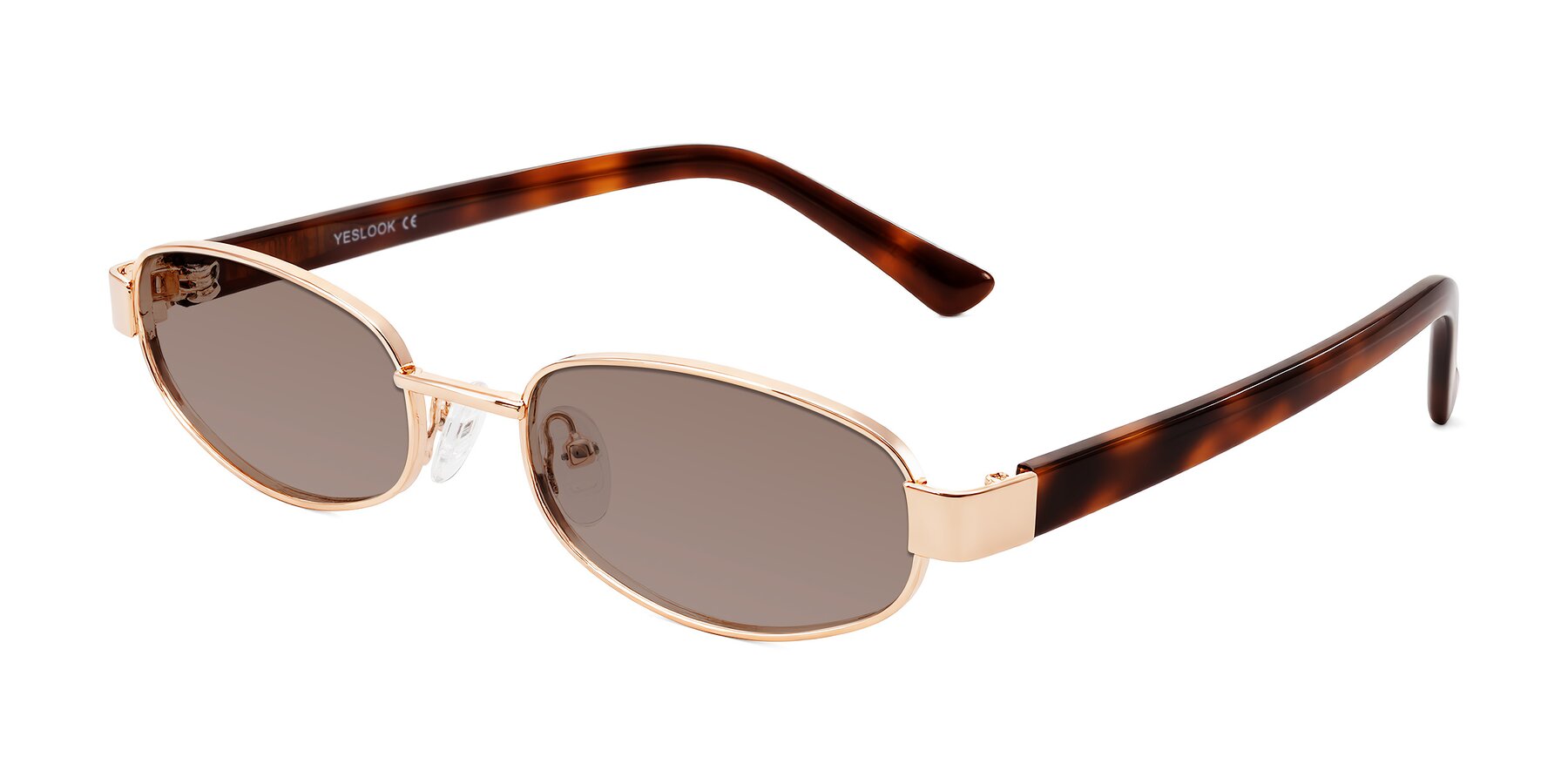 Angle of Selby in Rose Gold with Medium Brown Tinted Lenses