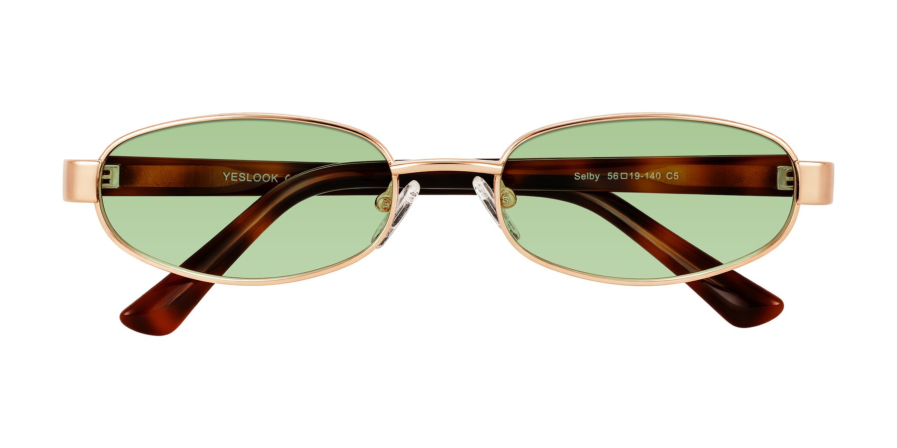 Folded Front of Selby in Rose Gold with Medium Green Tinted Lenses