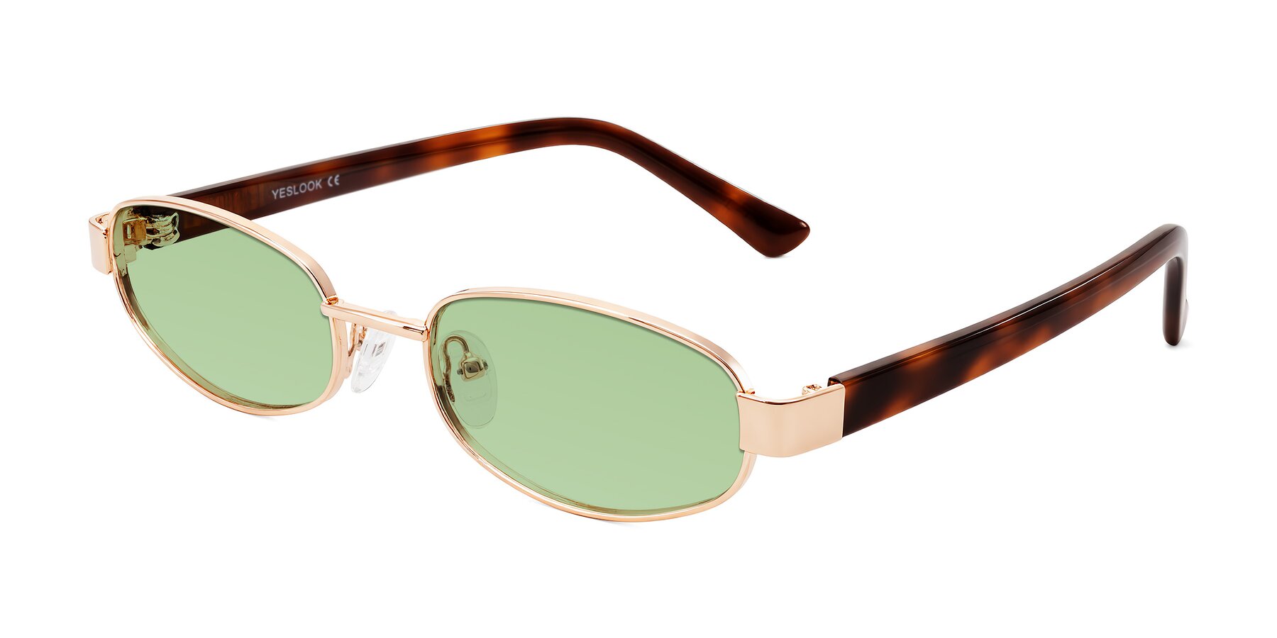 Angle of Selby in Rose Gold with Medium Green Tinted Lenses